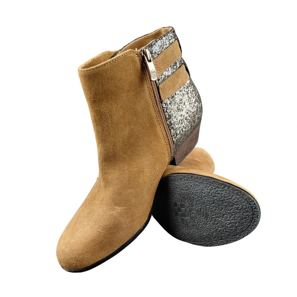 Vince Camuto Tan Suede Glitter Ankle Boots Side Zip Buckle Detail‎ Women's 10B